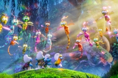 Clumsy (Jack McBrayer), Brainy (Dany Pudi), Hefty (Joe Manganiello) and Smurfette (Demi Lovato) in the Forbidden Forest in Columbia Pictures and Sony Pictures Animation's SMURFS: THE LOST VILLAGE.